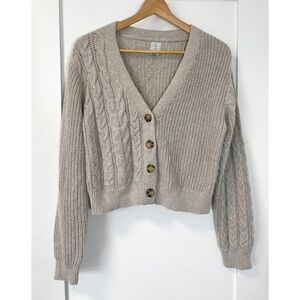 Joie Oatmeal Cable Knit Cotton Blend Button Up Cropped Cardigan